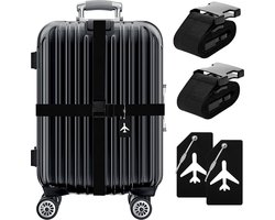 BOTC Kofferriem met Kofferlabel - 4-Delig Kofferband set - 2 Kofferband en 2 Bagagelabel - bagageriemen - Bagageband - Verstelbaar - Zwart