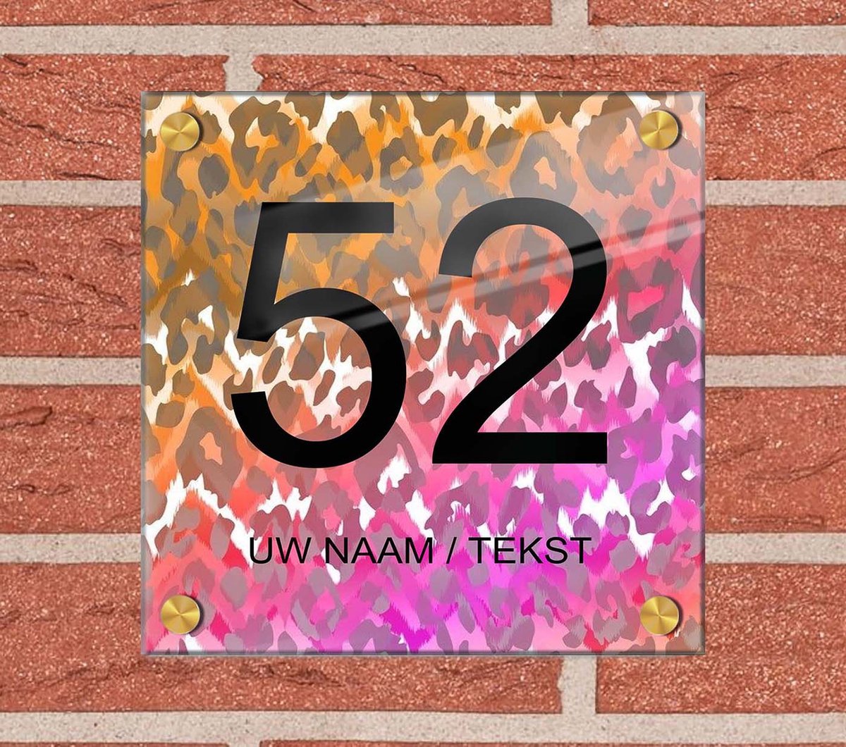 Naambordje voordeur plexiglas 15x15x0,5 cm met goud kleur afstanhouder model 1151 - Huisnummerbordje, naambordjes, naambordje huis, naamplaatjes,  huisnummer bordje, originele naambordjes voordeur, huisnummerbord met naam, originele huisnummer bord