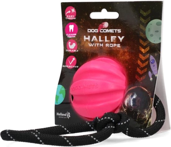 Foto: Dog comets ball halley met touw hondenspeeltje 6 cm hoogwaardig hondenspeelgoed natuurlijk rubber roze