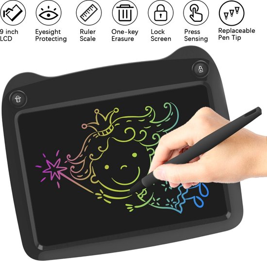 Kidsly Tekentablet | 9 inch scherm | Zwart | Tekentablet kinderen | Magnetisch tekenbord | Grafische tablet | Kleurenscherm | Zwart