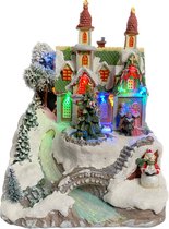 Village de Noël avec mouvement et Siècle des Lumières - Église avec rivière et arbre de Noël en rotation
