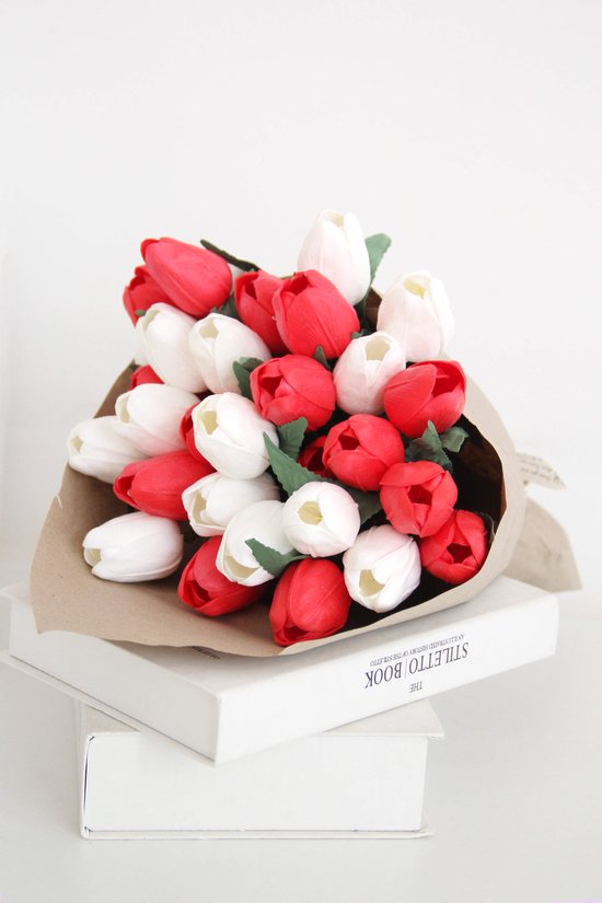 Tulpen Bloemen Boeket - 30 Kunst Tulpen rood en wit - 35 cm hoog - Kant en klaar boeket – Lente – 2 Kleuren – Exclusief vaas – Plukboeket - Veldboeket – 30-35 cm hoog – Kunstbloemen - nep bloemen - nepbloemen - kunstplanten