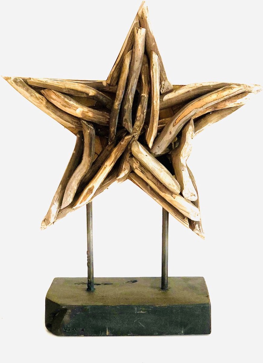 Christmas star ranting 80 cm hoog - tropische houtsoort gedroogd - hout - metaal - decoratiefiguur - kerstdecoratie - kerst - handgemaakt - interieur - accessoire - voor binnen - voor buiten - cadeau - geschenk - tuinfiguur - tuinbeeld - nieuwjaar