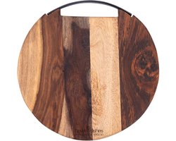 Bowls and Dishes Pure Rose Wood Duurzame Borrelplank | Tapasplank | Serveerplank rond | Kaasplankje 1 metalen handvat Ø 25 cm | BBQ cadeautip!