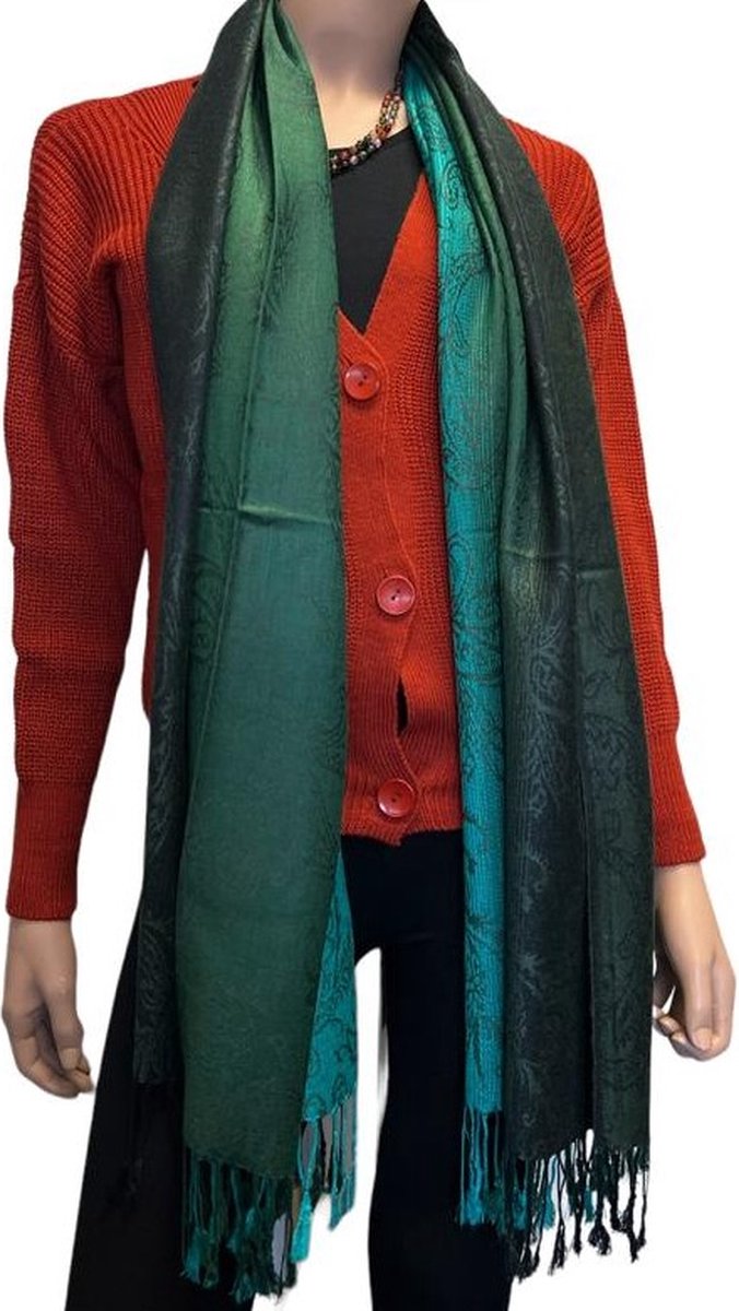 Sjaal- Pashmina Sjaal- Fijn geweven trendy Sjaal- Tweezijdige omslagdoek 212/1- Groen met Turquoise details