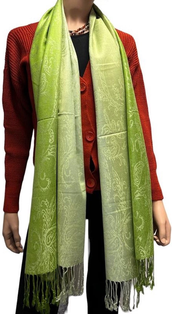 Sjaal- Pashmina Sjaal- Fijn geweven trendy Sjaal- Tweezijdige omslagdoek 212/11- Groen met beige details