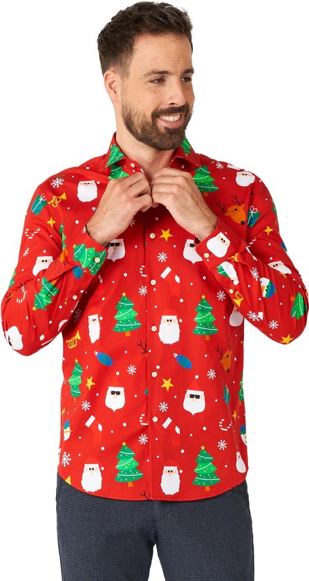 Kersthemd voor heren, grappige funky overhemden met lange mouwen, 3D-kerstshirt, slim fit, Uglye Christmas sweater, Xmas outfit, mannen, vrijetijdshemd, cadeau, pyjama-feest, blauw, XL