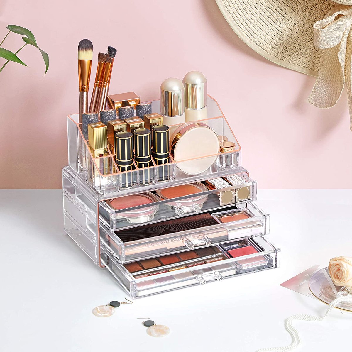 Make-up organizer, cosmetica organizer met 3 lades en 15 vakken in verschillende maten, transparant roségoud HMKA002T01