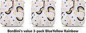 Couches BonBini - pack de 3 couches lavables Blue Yellow Rainbow -en-Ciel 3-15 kg - couche-culotte - double anti-crevaison - boutons pressions et réglables taille S, M, L taille 1 à 5