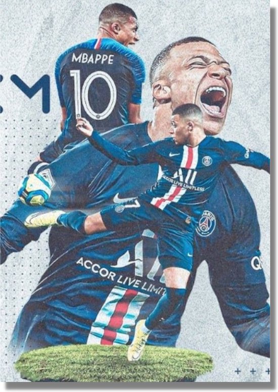 Poster Mbappé - PSG - Paris Saint Germain - Hoogwaardig glans - Geschikt om in te lijsten - 60x42cm - Voetbal - Bekende voetballer - UEFA Champions League - WK voetbal - FIFA - Sport - Kinderkamer - Cadeau - Sinterklaas - Kerst