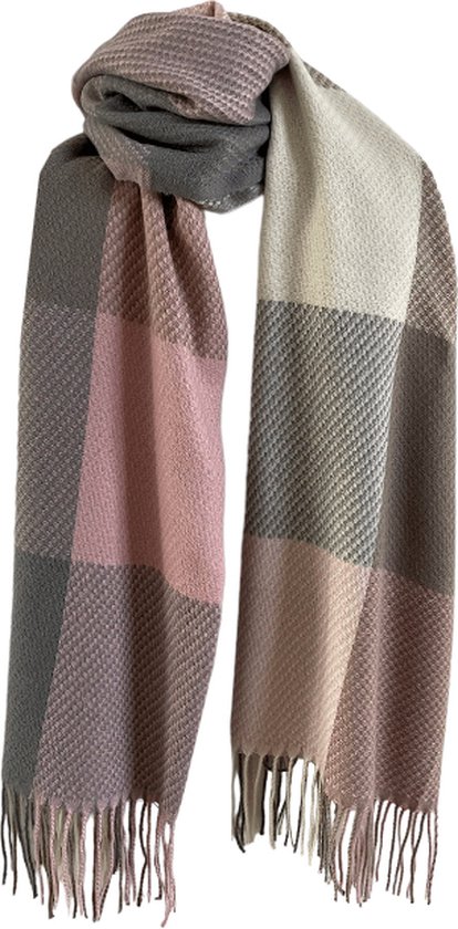 ASTRADAVI Winter Sjaals - Sjaal - Warme en Zachte Unisex Omslagdoek - Lange Tassel Sjaal 190x70 cm - Geruit - Roze, Grijs, Beige