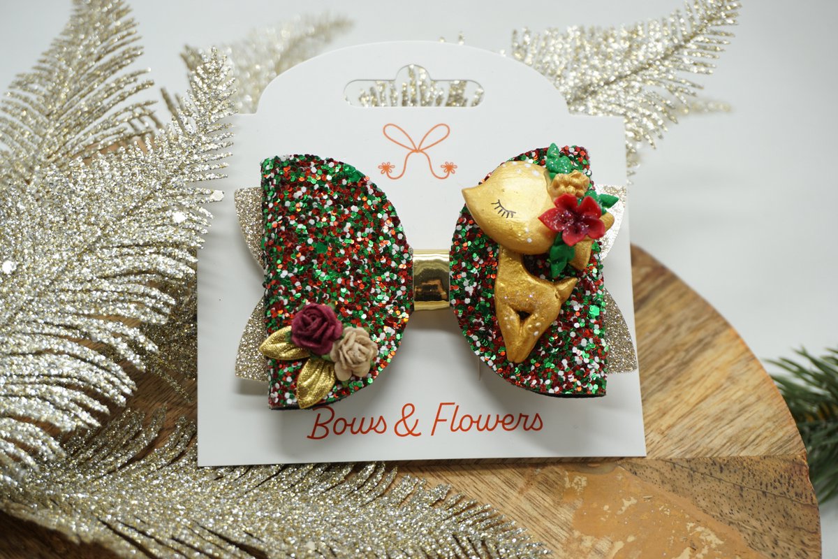 Kerst haarstrik met gouden rendier - Kerst - Groen - Goud - Bordeaux rood - Bows and Flowers