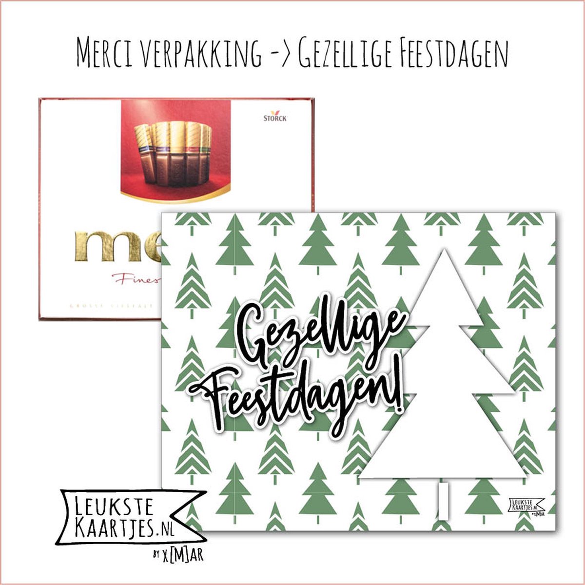 KaartKadootje Merci -> Feestdagen - No:06 (Merci Chocolade - Kerst - Gezellige Feestdagen - Kerstboompjes wit/groen met schrijfruimte) - LeuksteKaartjes.nl by xMar