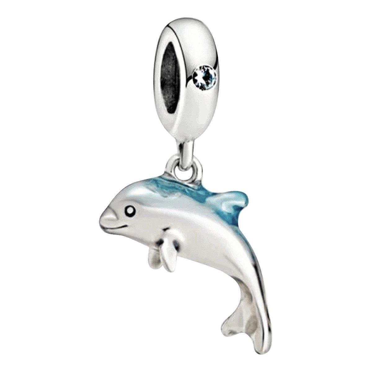 Dieren en Natuur - Zilveren bedels - Bedel dolfijn blauw | Met zirkonia | 925 Sterling Zilver - Geschikt voor alle merken - Met 925 Zilver Certificaat - Tip voor Moederdag - Merkloos