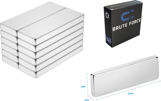 Stapel van zes zilverkleurige blokmagneten naast een doosje met Brute Force logo en afzonderlijke magneet met afmetingen 25x8x2mm.