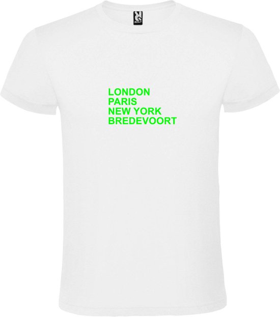 Wit T-Shirt met “ LONDON, PARIS, NEW YORK, BREDEVOORT “ Afbeelding Neon Groen Size XXXL