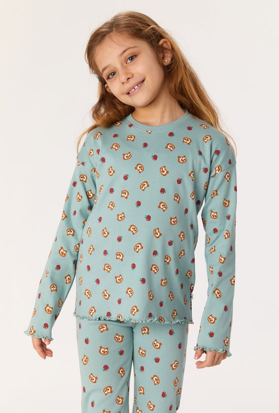 Woody pyjama van rekbare ribkatoen meisjes/dames - grijsblauw met uil all-over print - 222-1-WPC-R/947 - maat 152