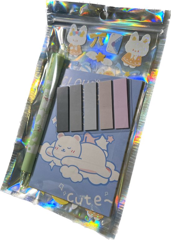 Stationary Set - Pen, Notitieboekje, Stickers & Sticky Bookmarks - Gift Box Kawaii