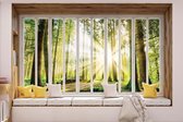 Fotobehang - Vlies Behang - 3D - Uitzicht op het Zonnige Bos vanuit het Raam - 152,5 x 104 cm