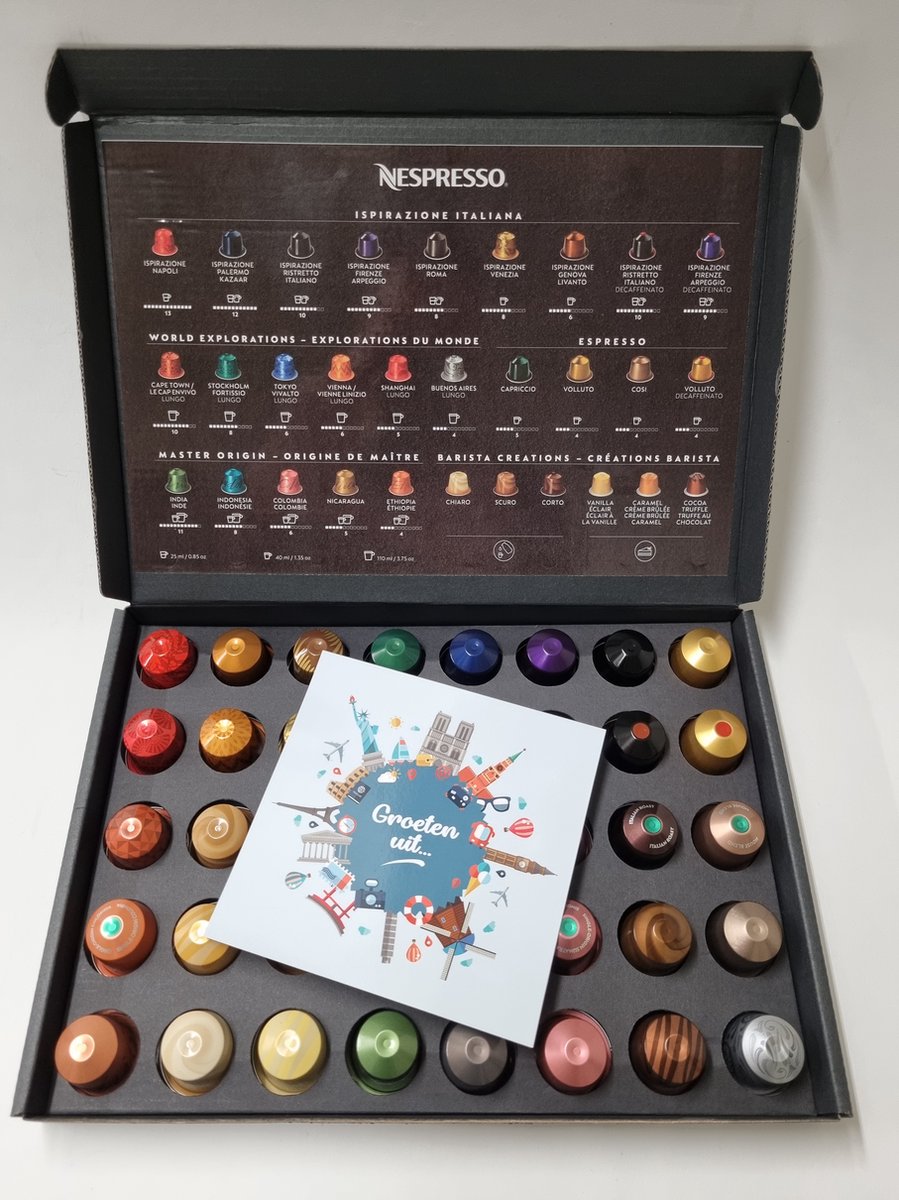 Goedkoopste Koffie Proeverij Pakket groot 40 stuks verschillende smaken met Mystery Card 'Groeten Uit...' met persoonlijke (video) boodschap | Verjaardag | Sinterklaas | Kerstpakket | Vaderdag | Moederdag | Jubileum | Valentijnsdag