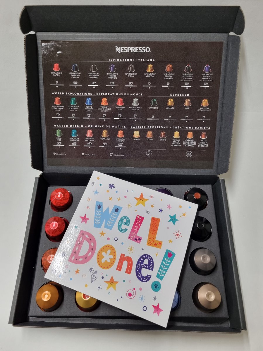 Goedkoopste Koffie Proeverij Pakket met 20 stuks verschillende smaken en Mystery Card 'Well Done' met persoonlijke (video) boodschap | Verjaardag | Sinterklaas | Kerstpakket | Vaderdag | Moederdag | Jubileum | Valentijnsdag