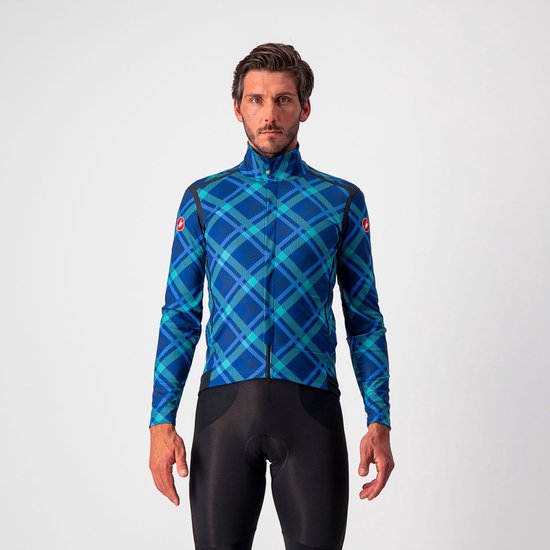 Foto: Castelli fietsjack rain or shine heren blauw turquoise perfetto ros long sleeve ocean blue malachite green plaid l