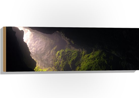 WallClassics - Hout - Licht Schijnend in Grot op Mos - 90x30 cm - 12 mm dik - Foto op Hout (Met Ophangsysteem)