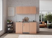 Goedkope keuken 150  cm - complete kleine keuken met apparatuur Gerda - Beuken/Beuken - elektrische kookplaat  - koelkast          - mini keuken - compacte keuken - keukenblok met apparatuur