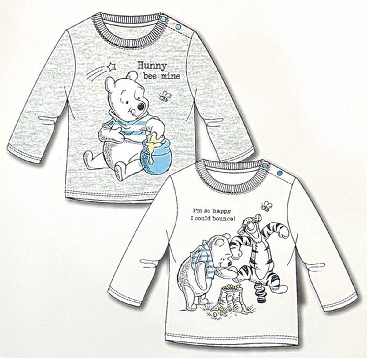 Disney Baby Winnie the Pooh T-Shirt Lange Mouw - 2-pack Grijs/Wit - Maat 80/86