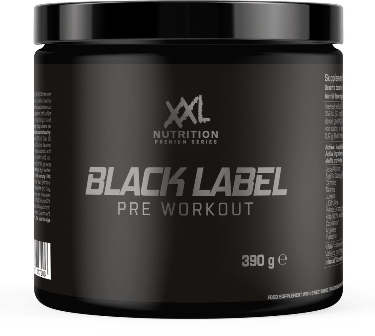 XXL Nutrition - Black Label Pre-Workout - Beta-Alanine, Taurine, L-Citrulline, Arginine & 330 mg cafeïne per Serving - Pre Workout Energy Drink Sport Supplement - Raspberry - 390 Gram - 30 doseringen