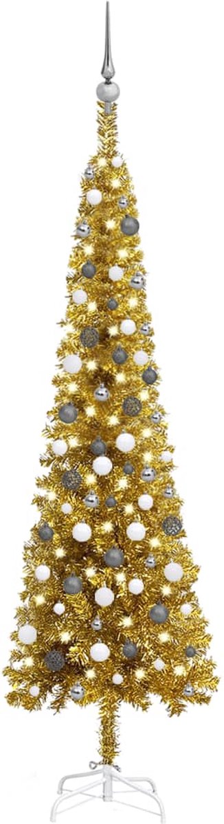 Prolenta Premium - Kerstboom met LED's en kerstballen smal 210 cm goudkleurig