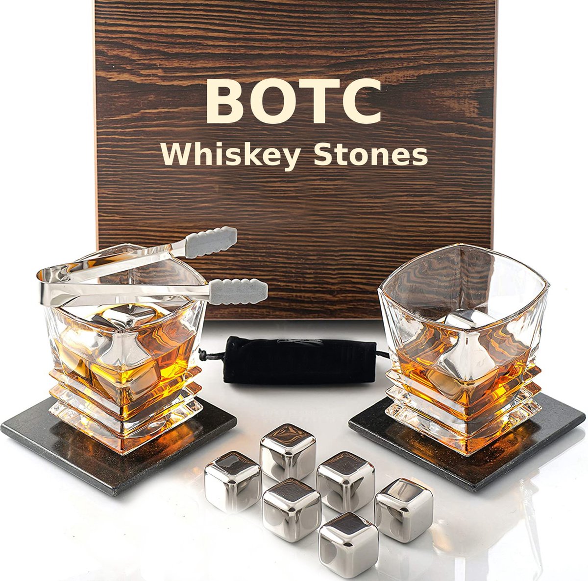 Glacon pierre whisky en acier inoxydable,Lot de 8 pierres à whisky + Clip,  Qualité alimentaire Glaçons en acier inoxydable réutilisables, Pour whisky