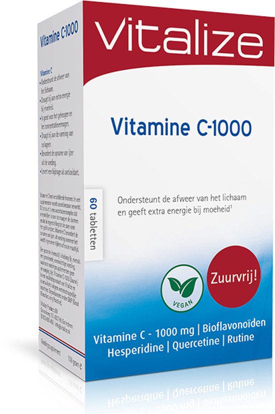 Vitalize Vitamine C 1000 mg Zuurvrij 60 tabletten - Draagt bij aan het behoud van een goede / sterke weerstand - Helpt bij futloosheid, moeheid en vermoeidheid