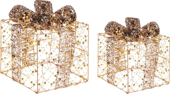 Set van 2 cadeautjes met LED verlichting - Goud / glitter - 15 x 10 x 20 cm hoog (grootste cadeau)