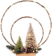 Arrangement de Noël avec 2 cercles et sapins de Noël avec éclairage LED - Marron / vert / or - 30 x 8 x 32 cm de haut.