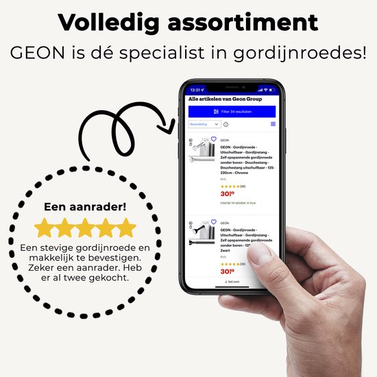 Hand die een smartphone vasthoudt met de GEON webshop open. Getoond worden uitschuifbare douchestangen.