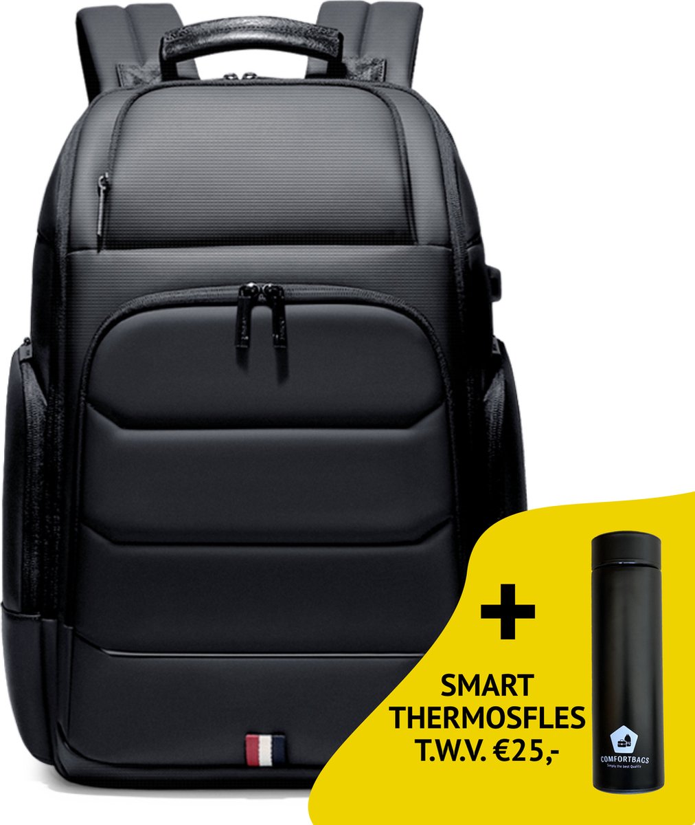 Fenruien Rugtas - 17 inch - Laptop Rugzak - USB-aansluiting - Waterafstotend - Zwart - Incl. Smart Thermosfles