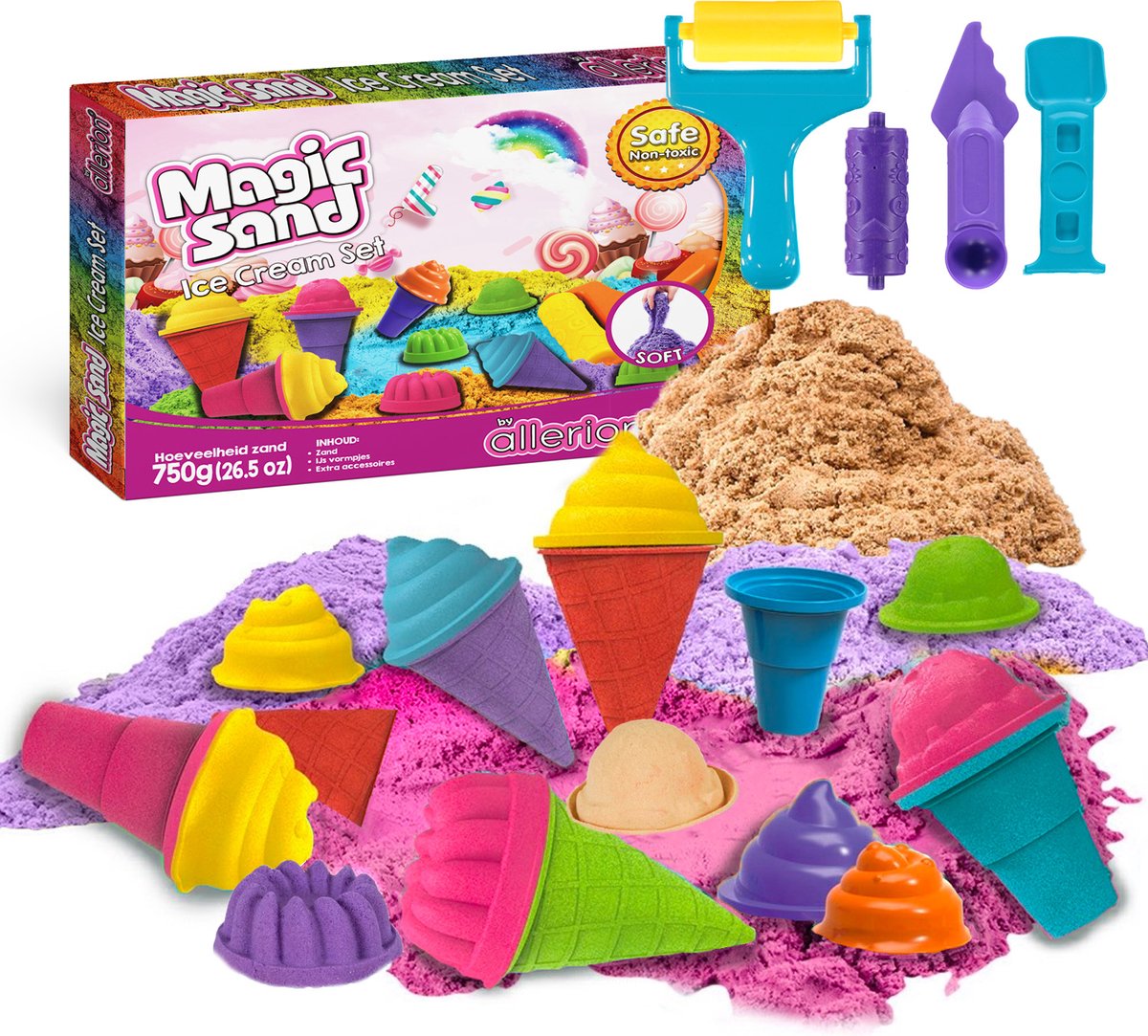 Allerion Magic Sand Set Ice Cream - IJsjes Thema - Verschillende Kleuren - Inclusief Vormpjes en Accessoires