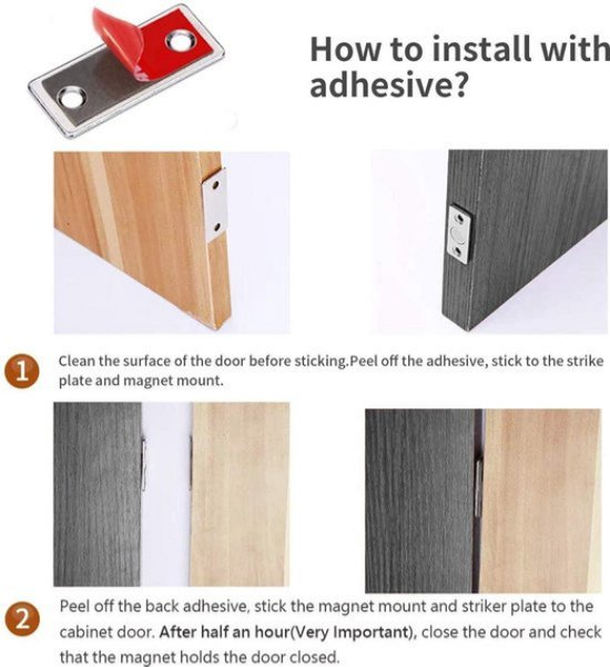 Installatieinstructies met lijm: 2 zwarte magnetische deursluitingen op houten deuren.