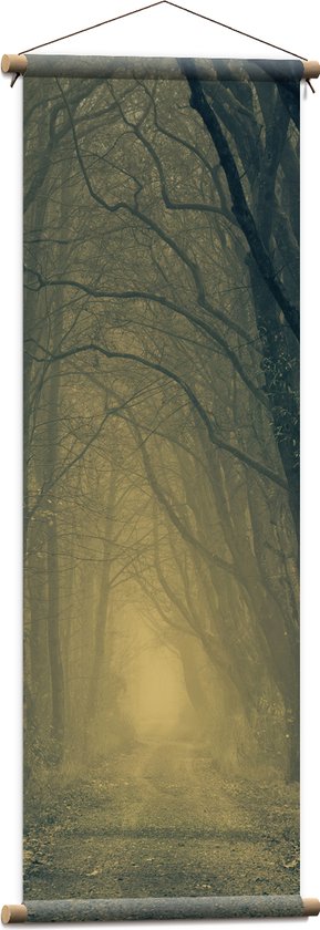 WallClassics - Textielposter - Mist op Bospad Omringd door Bomen - 40x120 cm Foto op Textiel
