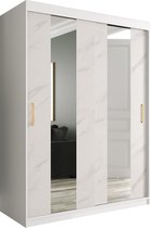 InspireMe - Kledingkast met 2 schuifdeuren, Modern-stijl, Een kledingkast met planken en een spiegel (BxHxD): 150x200x62 - MARMORO POLE 150 Wit Marmer met 2 lades