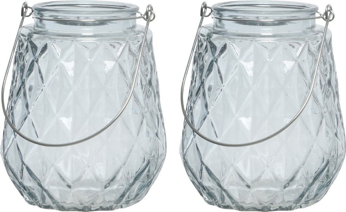Decoris 2x stuks theelichthouders/waxinelichthouders ruitjes glas ijsblauw met metalen handvat 11 x 13 cm - Windlichtjes/kaarsenhouders Lichtblauw