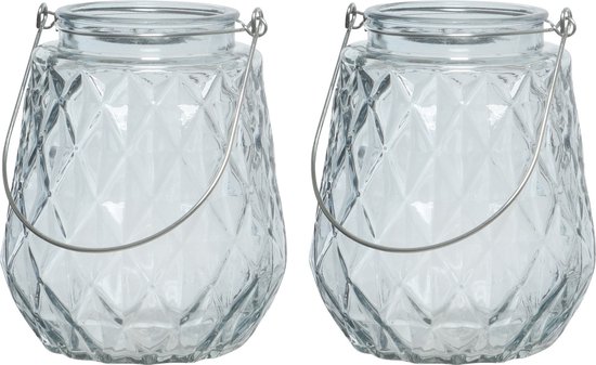 2x stuks theelichthouders/waxinelichthouders ruitjes glas ijsblauw met metalen handvat 11 x 13 cm - Windlichtjes/kaarsenhouders