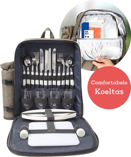 Sac à dos de pique-nique complet Sac de pique-nique - sac à dos de refroidissement - pour 4 personnes avec grand sac isotherme et glacière détachable avec planche à découper et ensemble sel et poivre - Topper d'été 2020