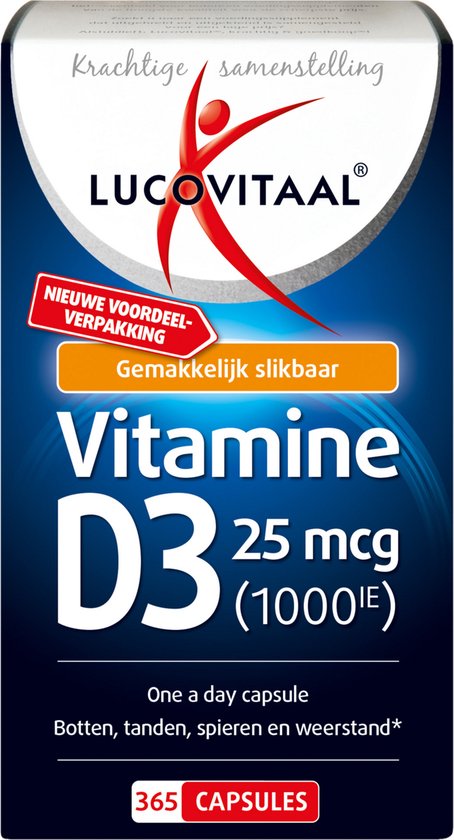 Lucovitaal Vitamine D3 25 mcg (1000 IE) in een verpakking van 365 capsules. Gemakkelijk slikbare capsule voor botten, tanden en weerstand.