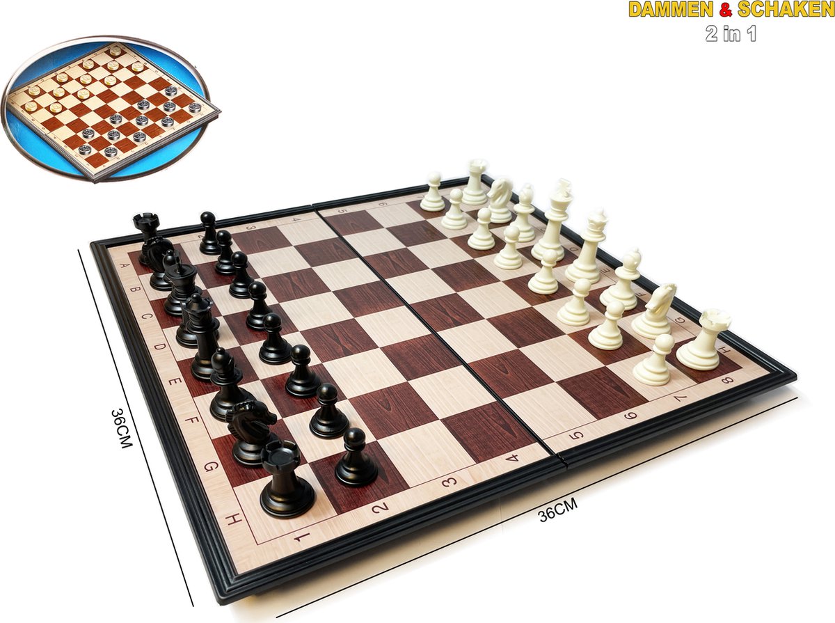 Jeu d'échecs et de dames : Jeu compact 2 en 1 en bois blanc Jeu d'échecs et de dames : Jeu compact 2 en 1 en bois blanc