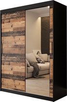 InspireMe - Kledingkast met 2 schuifdeuren, Modern-stijl, Een kledingkast met planken en een spiegel (BxHxD): 150x200x62 - ALTER T2 150 Zwart Mat + Oude Stijl Hout