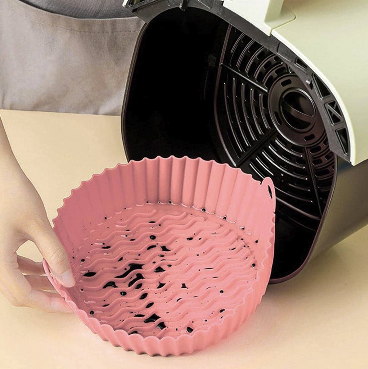 Airfryer Accesoires - Airfryer Siliconen Bakje - Airfryer Bakpapier Alternatief - Bakvorm Airfryer - Herbruikbaar - Set van 2 stuks - 20 cm - Roze - Groen — afbeelding 5