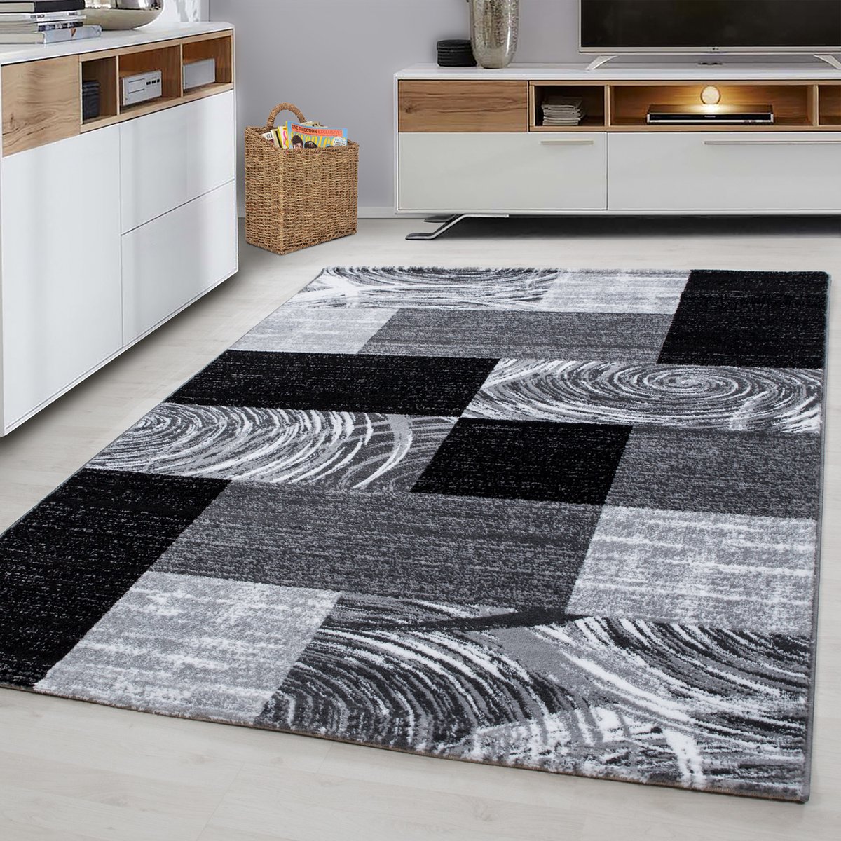 Flycarpets Jaden Modern Vloerkleed Geblokt - Zwart / Grijs - 160x230 cm - Laagpolig Tapijt Woonkamer