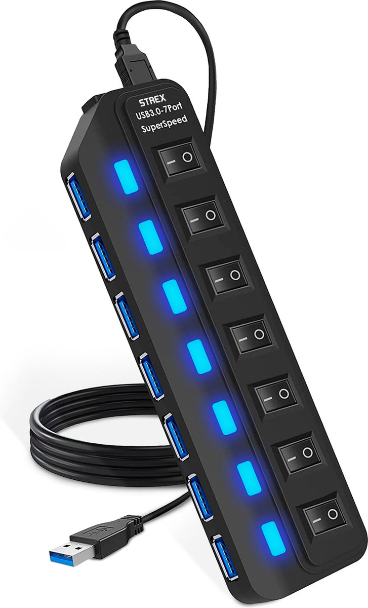 Strex USB 3.0 Hub - USB Splitter - 7 Poorten - 5Gbps - LED Indicatie - Aan/Uit Switch - 100CM Kabel